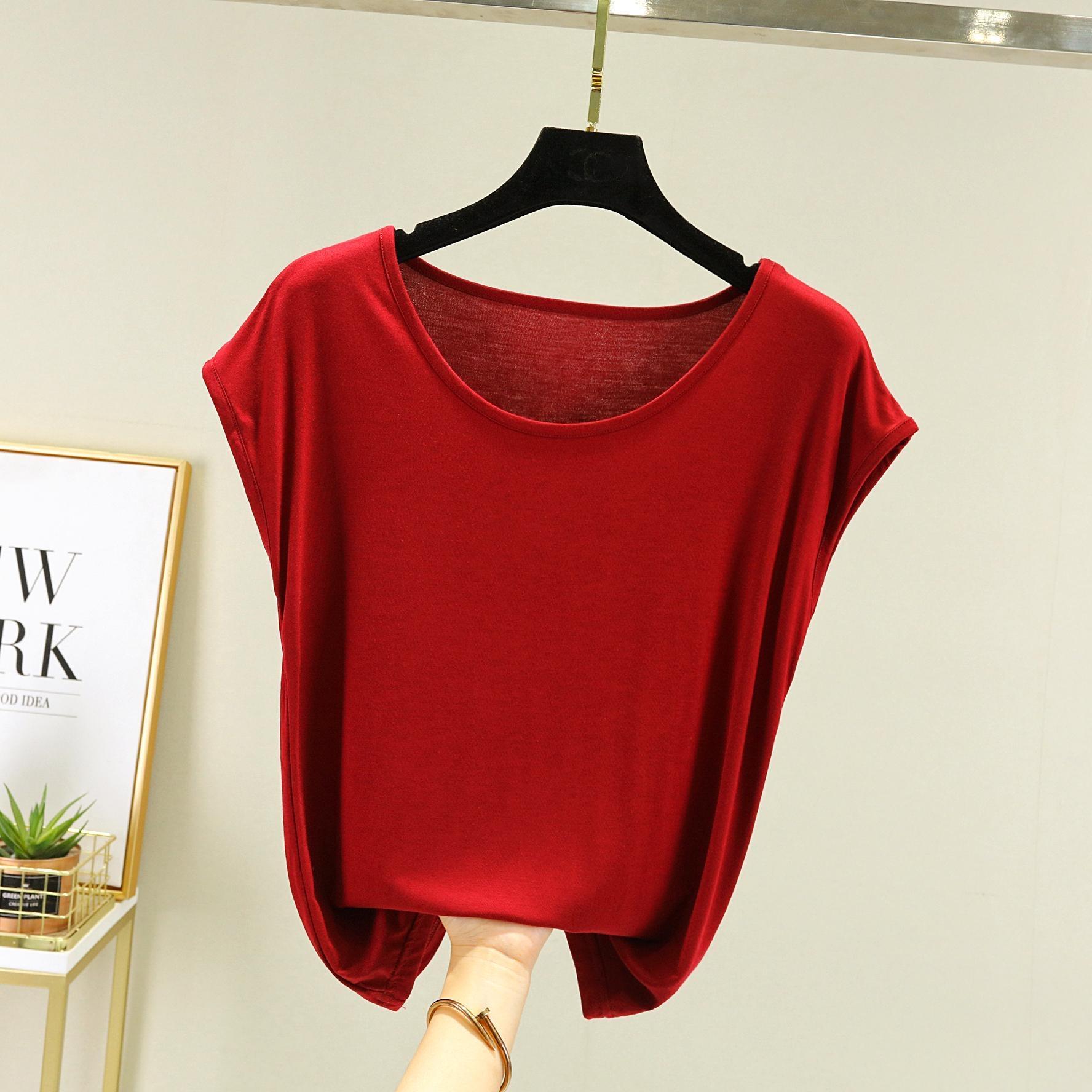 

Модальная футболка без рукавов для женщин, летняя одежда, базовая, с круглым вырезом, свободная, оверсайз, однотонная, облегающий топ, футболки XL вино красного