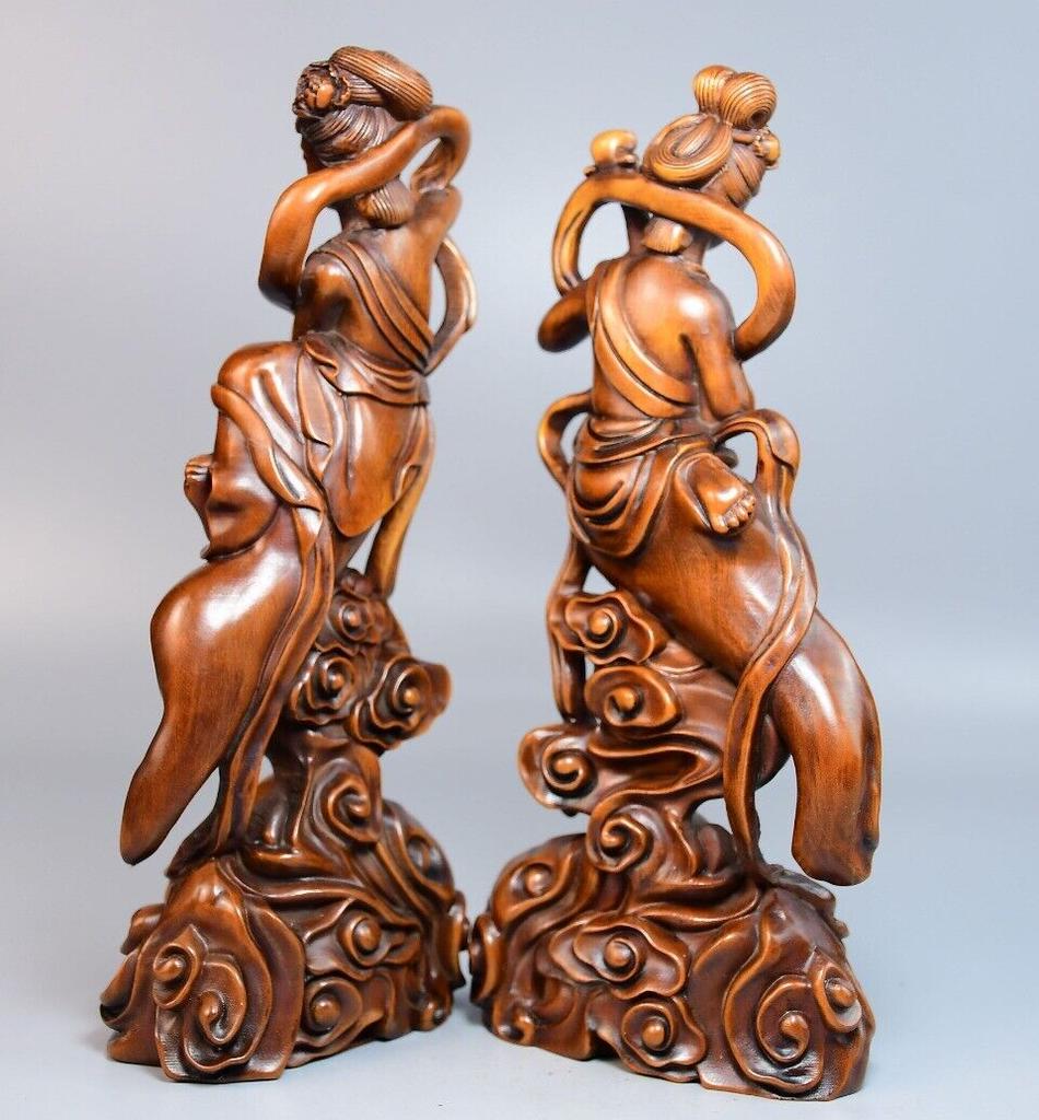 Chinese Antique Boxwood Carved Beautiful Woman Statue Sculpture Home Decor Art