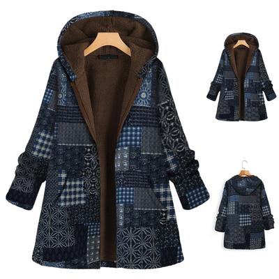 Vintage Floral Print Fleece Hooded Jacket for Women Plus Size Long Sleeve Coat