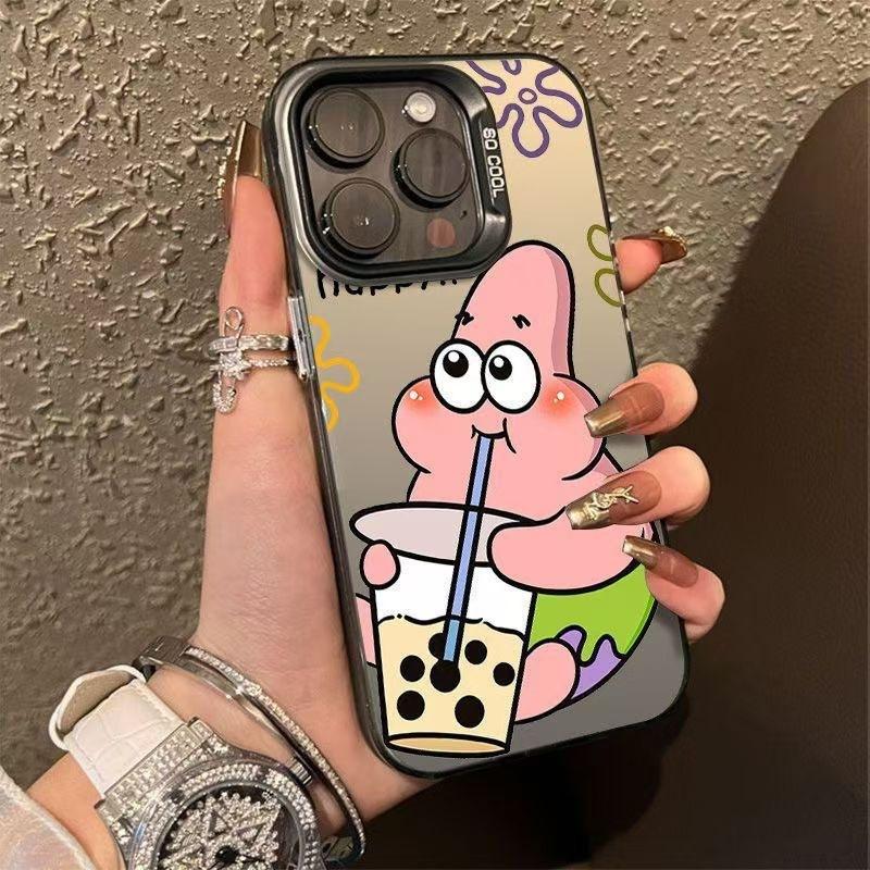 Milk Tea SpongeBob SquarePants Suitable for Apple 16PROMAX/iPhone15/iPhone14 Couple Colored Silver Mobile Phone Case