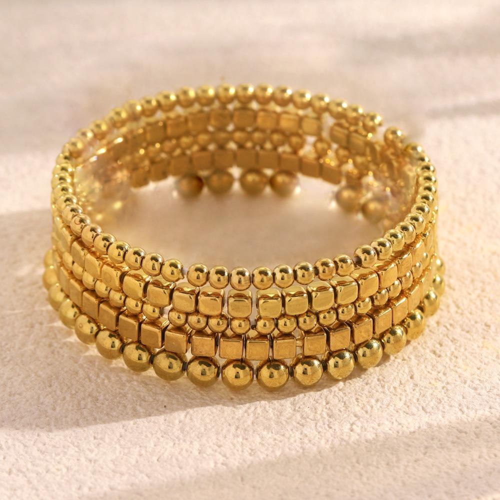 Minimalist Multi-Strand Metal Ball Square Bead Elastic Bracelets for Women Gold Silver Tone Stackable Statement Wrist Jewelry