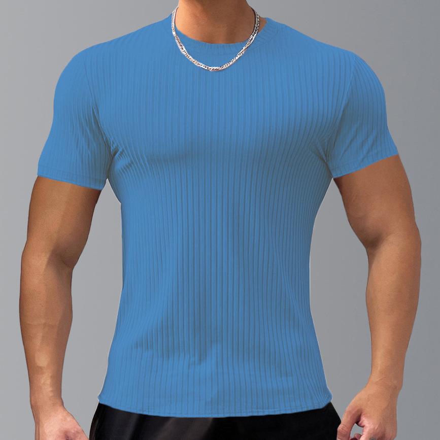 

Мужская весенне-летняя модная футболка с коротким рукавом, однотонная рубашка-пуловер с полосками 3XL светло-синий