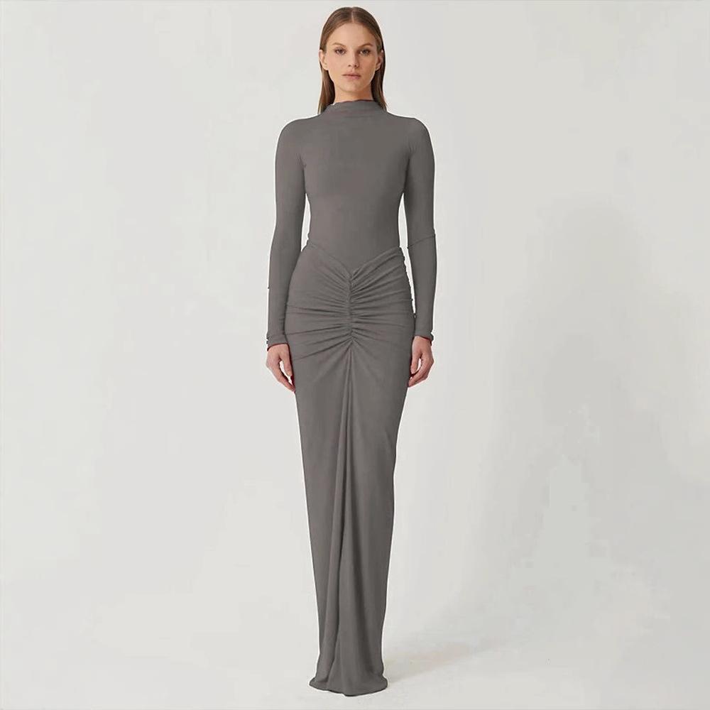 AC610 European & American Style Sexy Waist-Cinching Slim Solid Color Pleated Long Dress