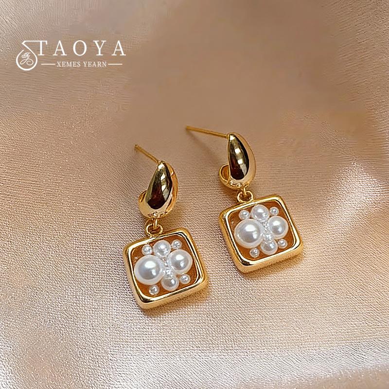 2026 New Elegant Pearl Block Pendant Gold Color Metal Waterdrop Earrings Trendy Jewelry Fashion Accessory for Women and Girl