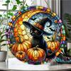 Stained glass style black cat pumpkin round wooden hanging plaque artistic wall art sign spooky autumn home holiday decoration door ornament