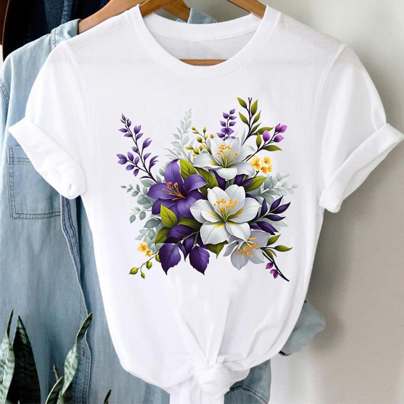 (Asian Size) Clothing Lady o-neck Short Sleeve T-shirts Printed Female flower trend Top Casual T Shirt Fashion Women Graphic Tee