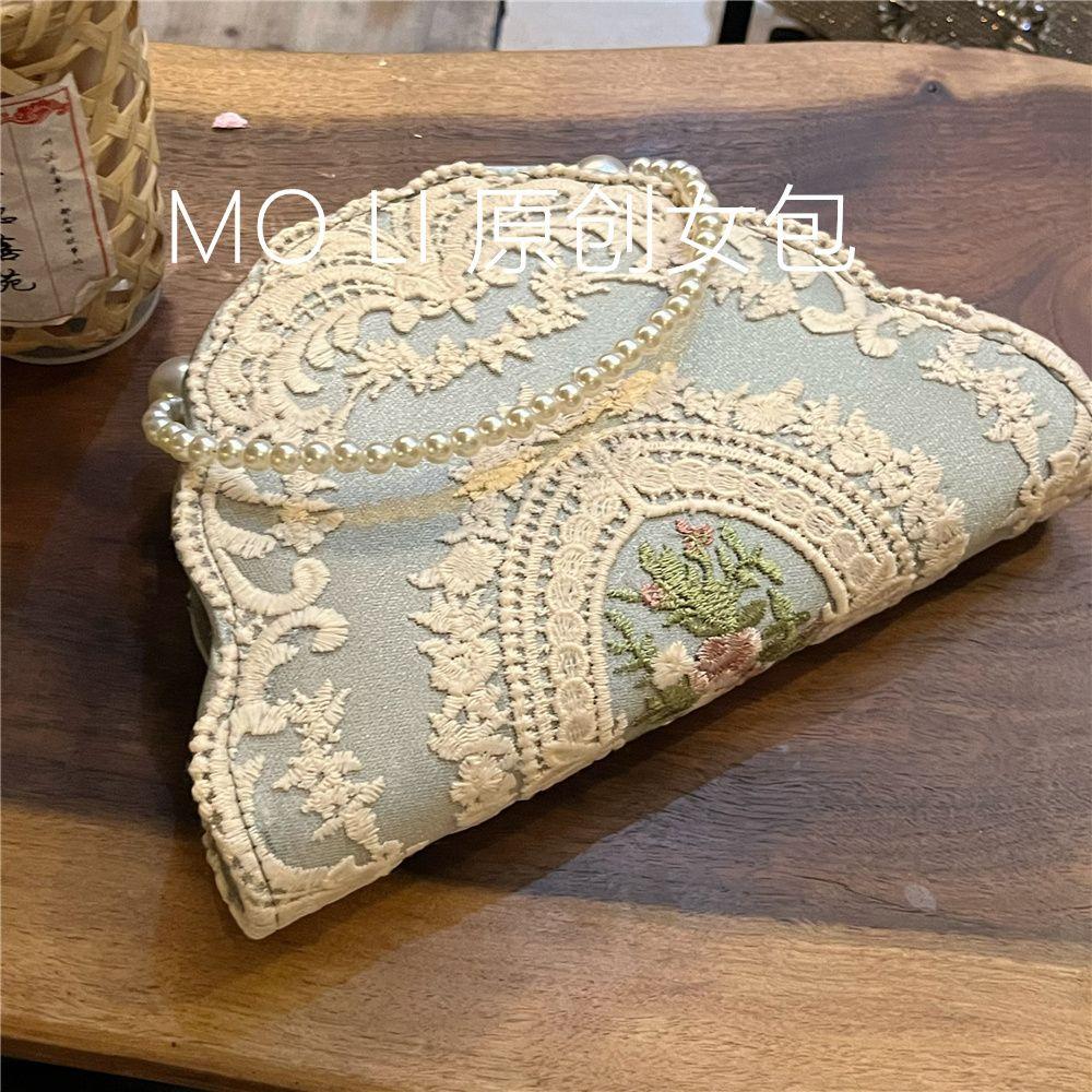 

JIAERDI Fairycore Vintage Y2k Hand Bag Wallet Women Irregular Design Embroidery Purse Girls Retro Pearl Crossbody Bags Aesthetic 25x18x4cm зелений