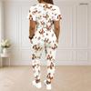 Women Plus Size White Printed Round Neck Short Sleeve Crop Top Drawstring Cuffed Pants Two Piece Set