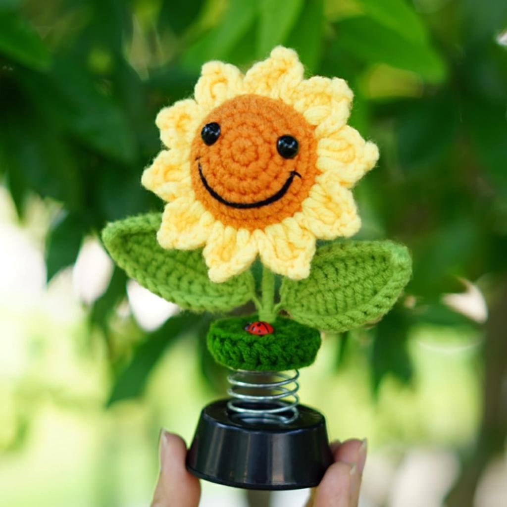 Levvohd Sunflower Car Accessories Dashboard Decorations, Crochet Smiley Shaking Sun Flowers Bobblehead Cars Decor For Women, For Cute Girl Interior