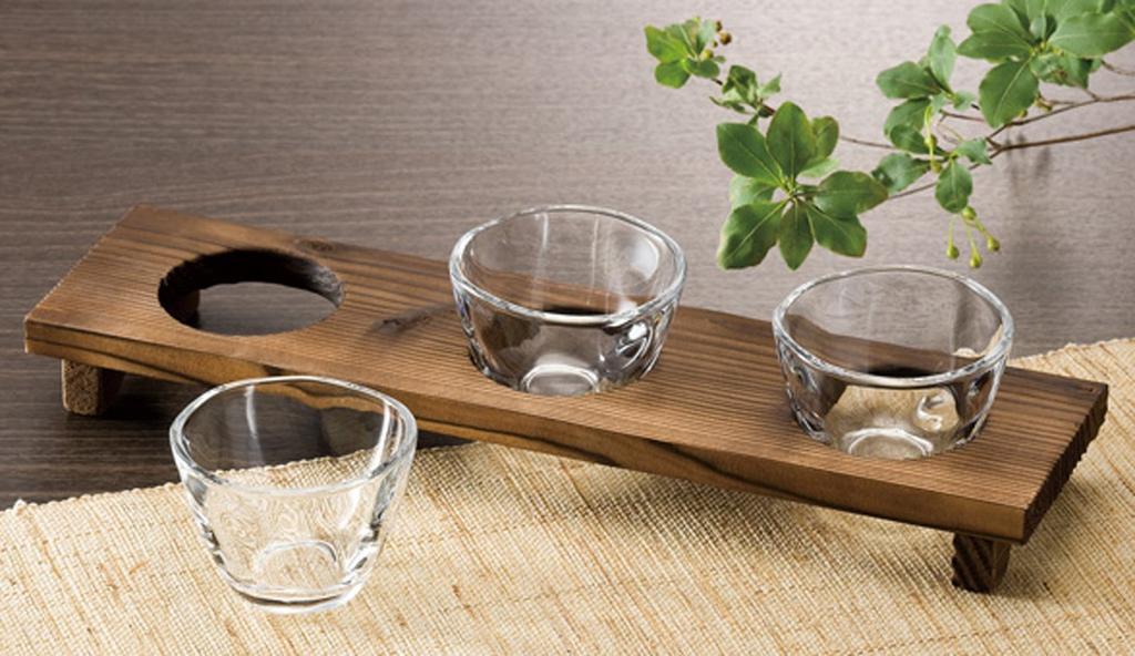 ADERIA Hand-Bound Three-Flavor Sake Cup Set with Wooden Stand, 90ml, Gift Box Included, Made in Japan, Dishwasher Safe, Sake Cup, Glassware, Cold Sake