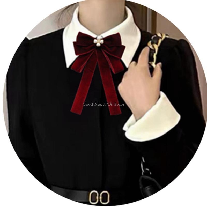 Luxurious Velvets Bows Tie For Women Sparkling Crystal Pearls Pre Tied Bows Clip