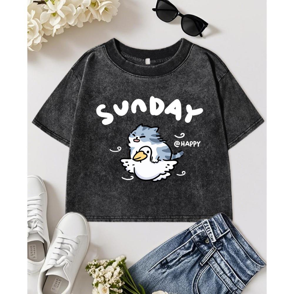 Happy Sunday Cat Duck Printwashed Crop T-Shirt Women O-Neck T Shirts Fashion Cotton Sportswear Casual Slim T Shirt