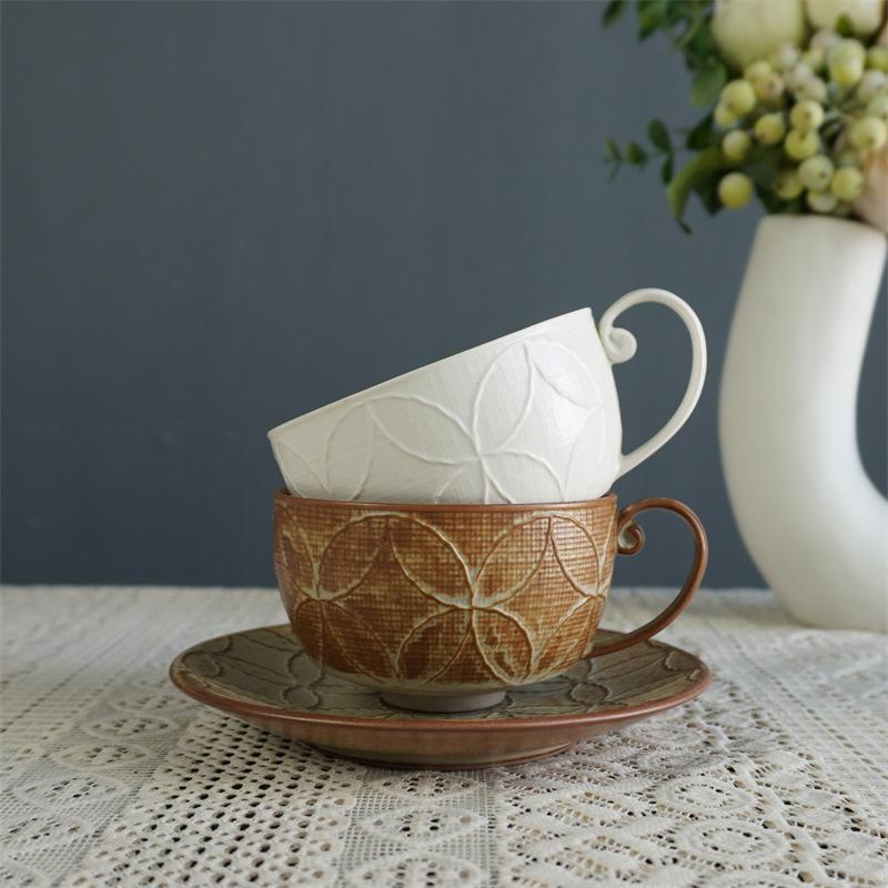 Retro Ceramic Coffee Cup and Saucer Set Light Luxury Ceramic Cup Niche Coffee Cup Latte Afternoon Tea Cup and Saucer Set