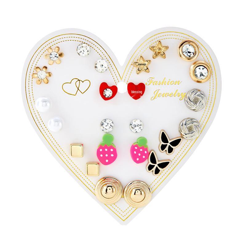12-Pair Rhinestone Stud Earrings Set: Flower, Heart, Star & Moon Designs