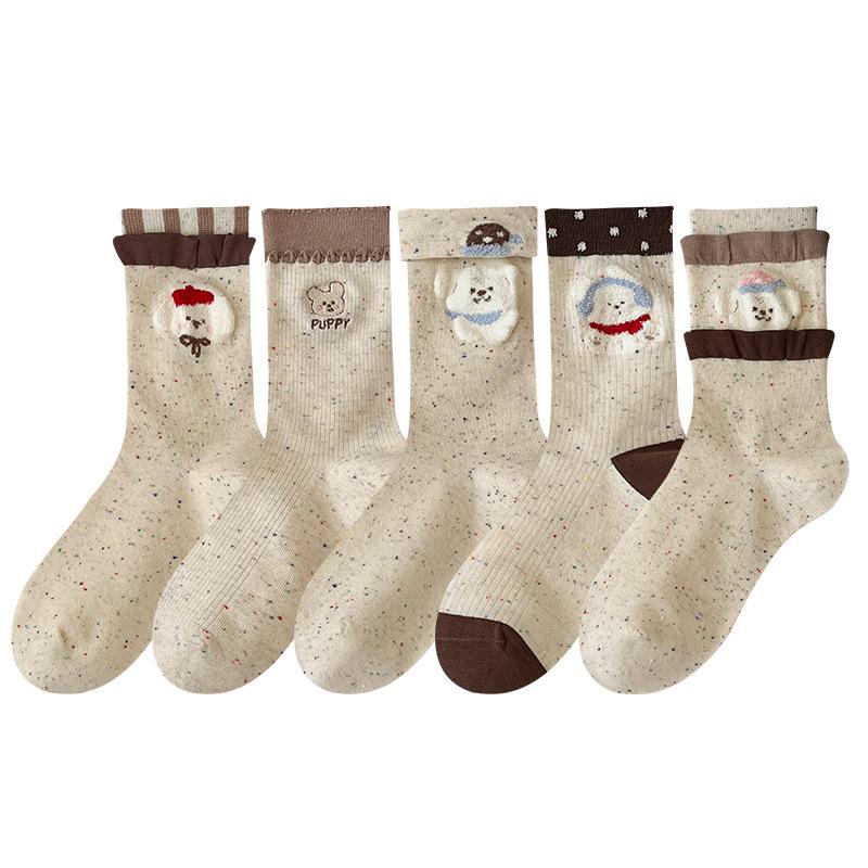 Cute Socks for Women, Mid-calf Socks, Cotton Dot Yarn, Autumn and Winter Style, Little Bear Cartoon Dot Socks