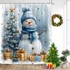 Cute Blue Snowman Shower Curtains Winter Forest Cedar Snow Mountain New Year Christmas Home Bathroom Curtain Decor With Hooks