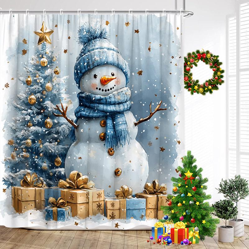 Cute Blue Snowman Shower Curtains Winter Forest Cedar Snow Mountain New Year Christmas Home Bathroom Curtain Decor With Hooks