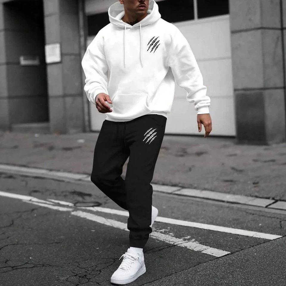 2026 Men's Plus Velvet Hooded Sweatshirt & Long Pants Casual Sports Set