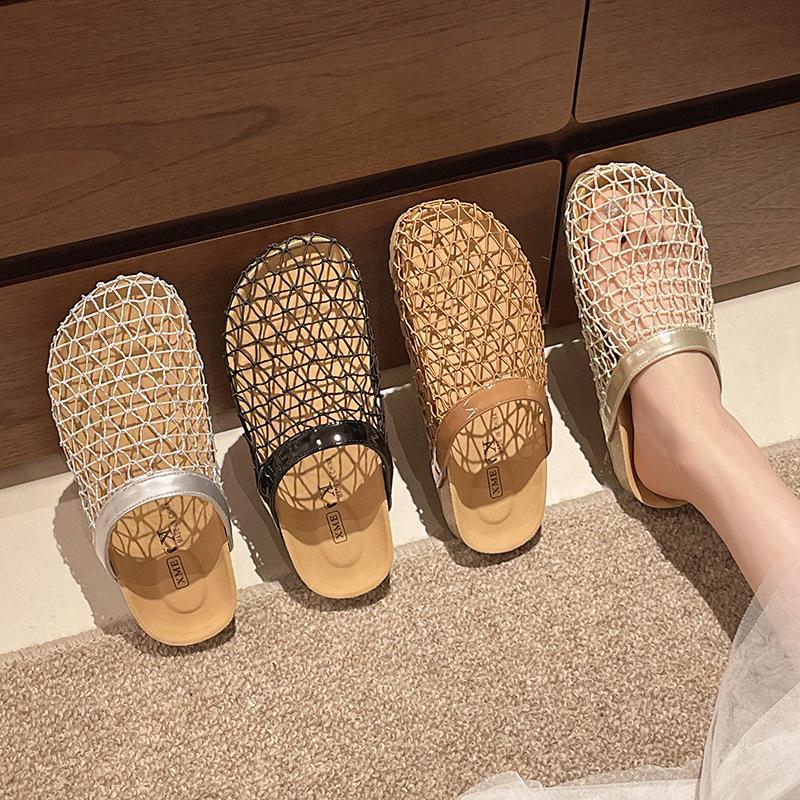 Mesh woven bag head half slippers women's summer wear 2025 new French skirt cool slippers Roman sandals women