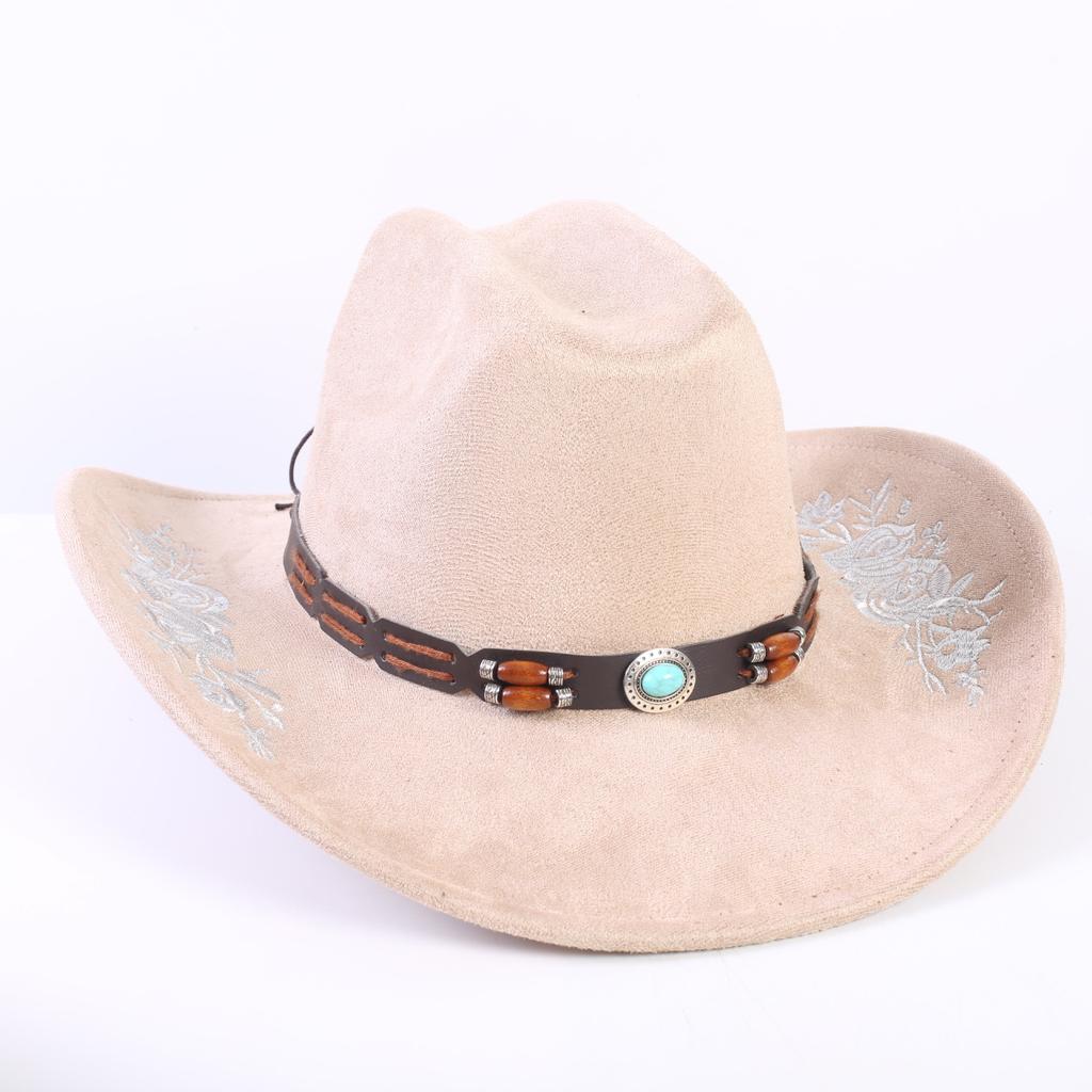 Beliebter europäischer und amerikanischer klassischer Wildleder Western Cowboyhut für Herren und Damen, großer Schirm, bestickt, Outdoor-Sonnenhut