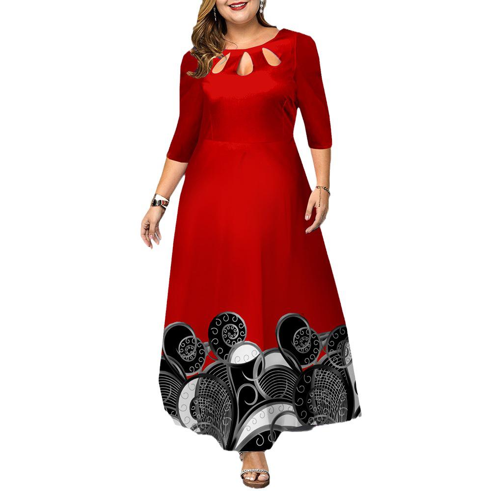 European 2024 Digital Print Pullover Mid-Waist Three-Quarter Sleeve Long Dress