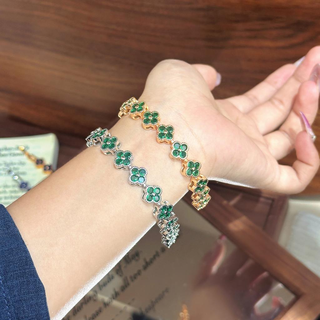 New Full Diamond Four-leaf Clover Bracelet High Luxury Old Money Style Retro Colored Flower Bracelet