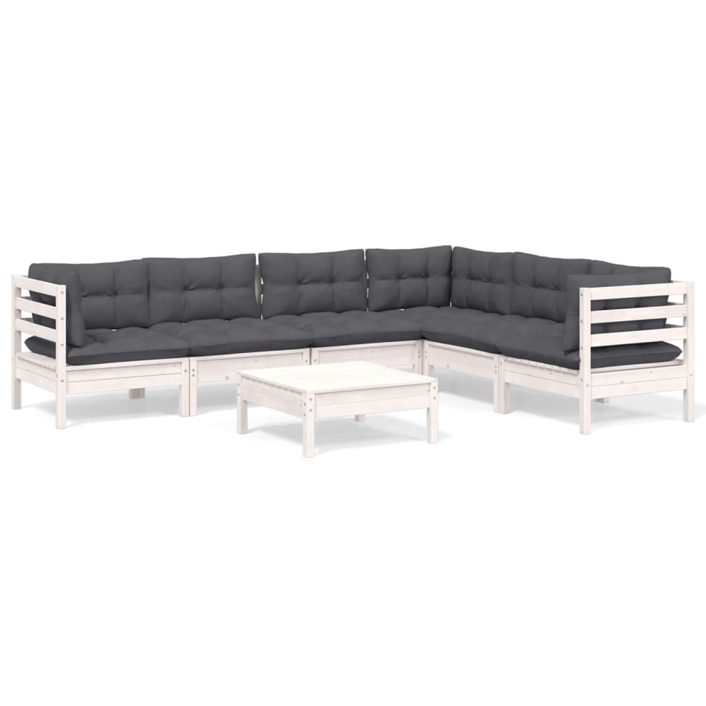 Vidaxl 7-Cz. Garden Lounge Set, With Cushions, White, Pine