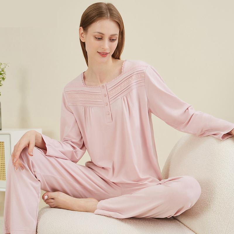 Square Collar Modal Cotton Pajamas Set Women's Elegant Casual Pajamas Autumn Long-sleeved Pants Two-piece Home Wear Set