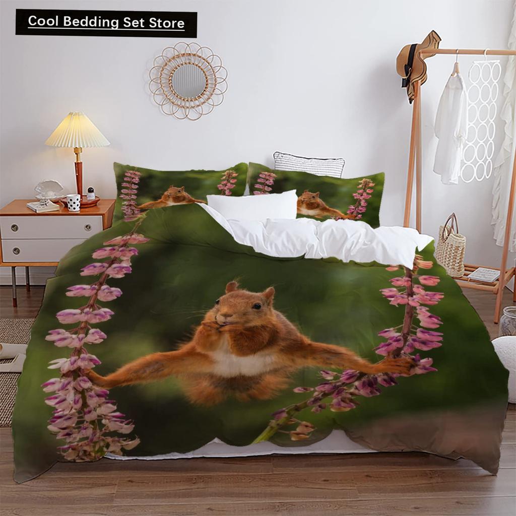 3D Squirrel King Queen Duvet Cover Soft Wildlife Green Leaves Bedding Set for Kids Teens Adults 2 3pcs