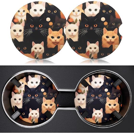 2 Pack Car Cup Holder Coasters, 2.63 Inch Anti Slip Ceramic Absorbent Coaster with Cork Base and Finger Notch, Cute Car Accessories Interior for