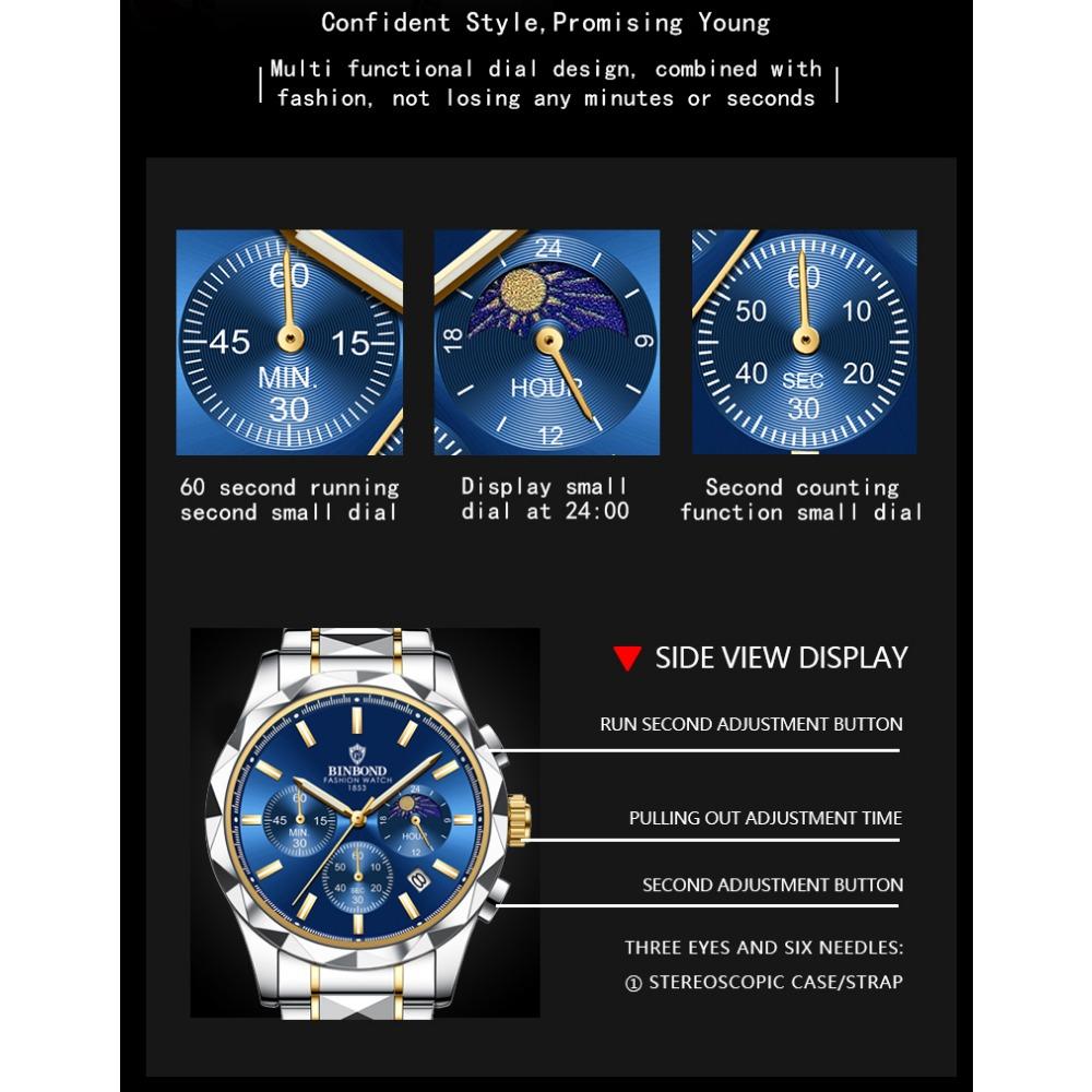 BINBOND Luminous Waterproof Quartz Wristwatch for Men Accurate Luxury Auto Date Chronograph Men's Watch Fashion Durable Reloj