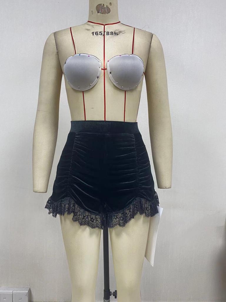 Gothic Velvet High-Waisted Lace Trim Shorts