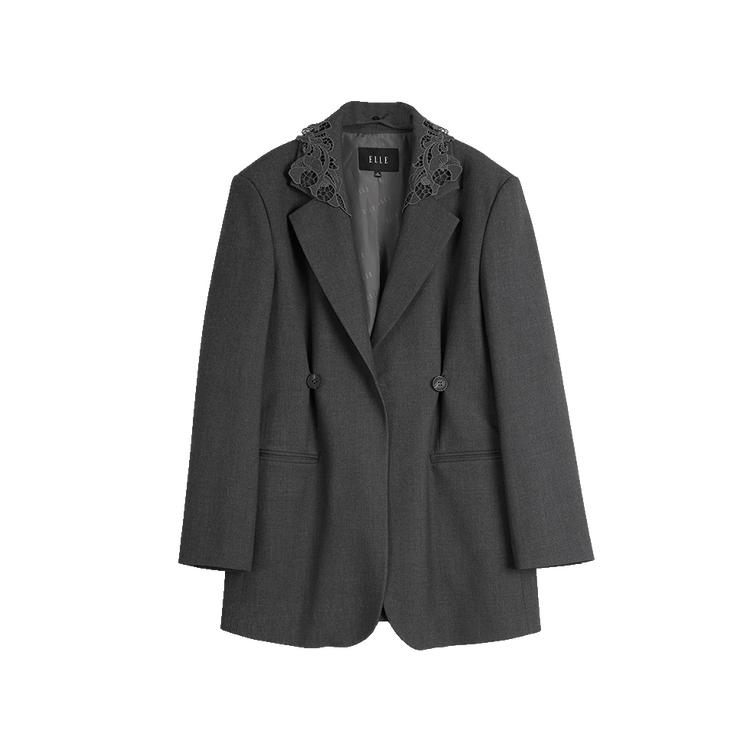 Elle Hollow Embroidered Loose Solid Color One-Button Blazer Women blazer Dark-Gray EX49679