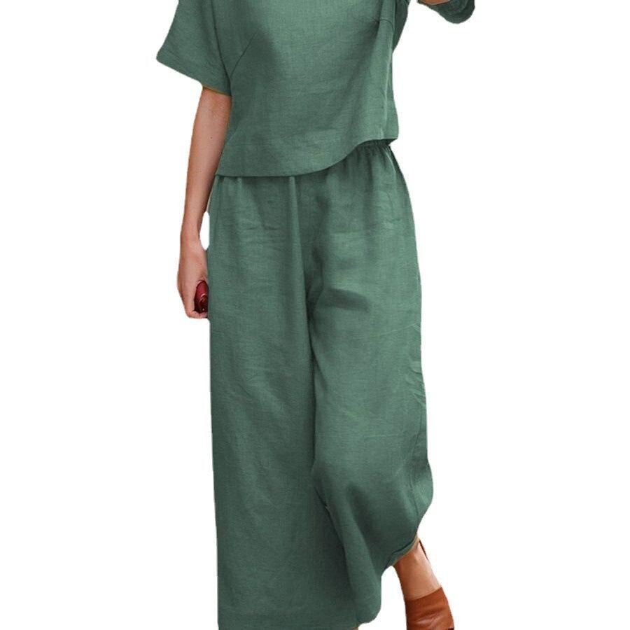 2025 Spring & Autumn Cross-Border Solid Color Casual Two-Piece Set with Fashionable Wide-Leg Pants