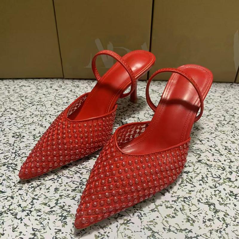 Fashion Brand Fashion Woven Mesh Beading Women Pumps Elegant Pointed Toe Chic Thin High Heels Summer Classic Slingback Office Lady Shoes