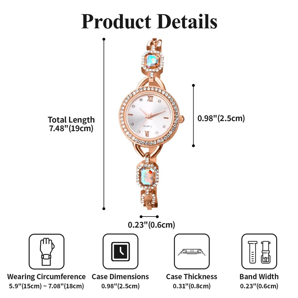 Bracelet Watch with Diamonds and Colored Roman Sunrise Analog Quartz Round Stylish Accessory Day Gift Women's Stones Small, Waterproof, Numerals,