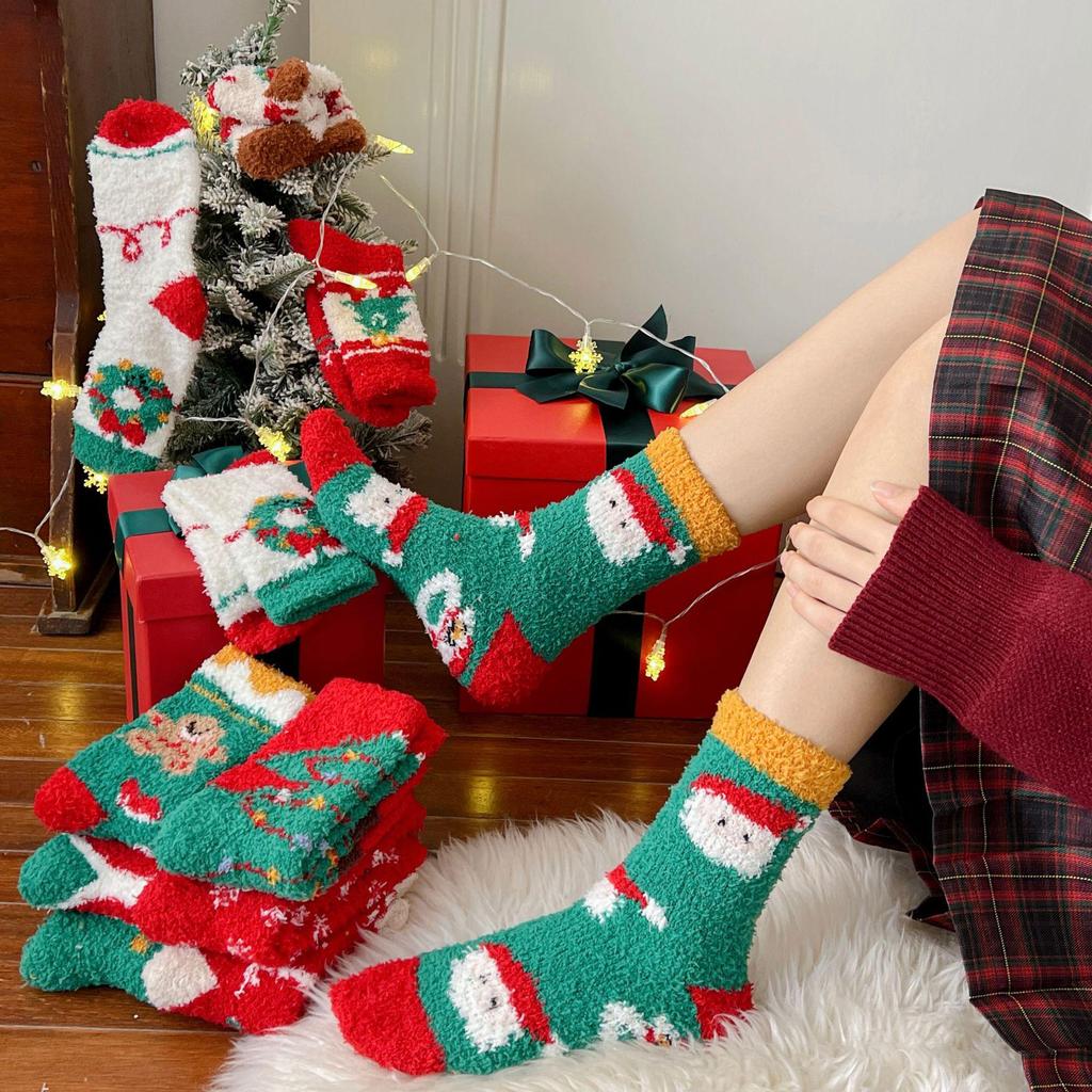 Women's Plush Coral Fleece Mid-Calf Socks - Cute Cartoon Christmas Fuzzy Sleep Socks for Autumn and Winter