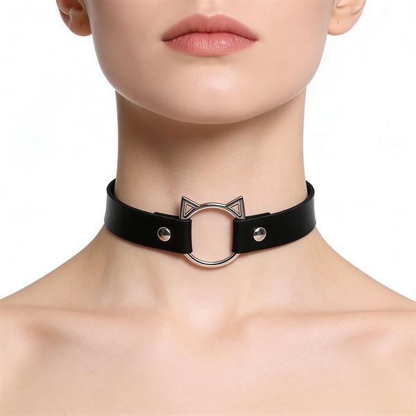 Unisex European Punk Black Leather Choker with Metal Chain and Lock Pendant.