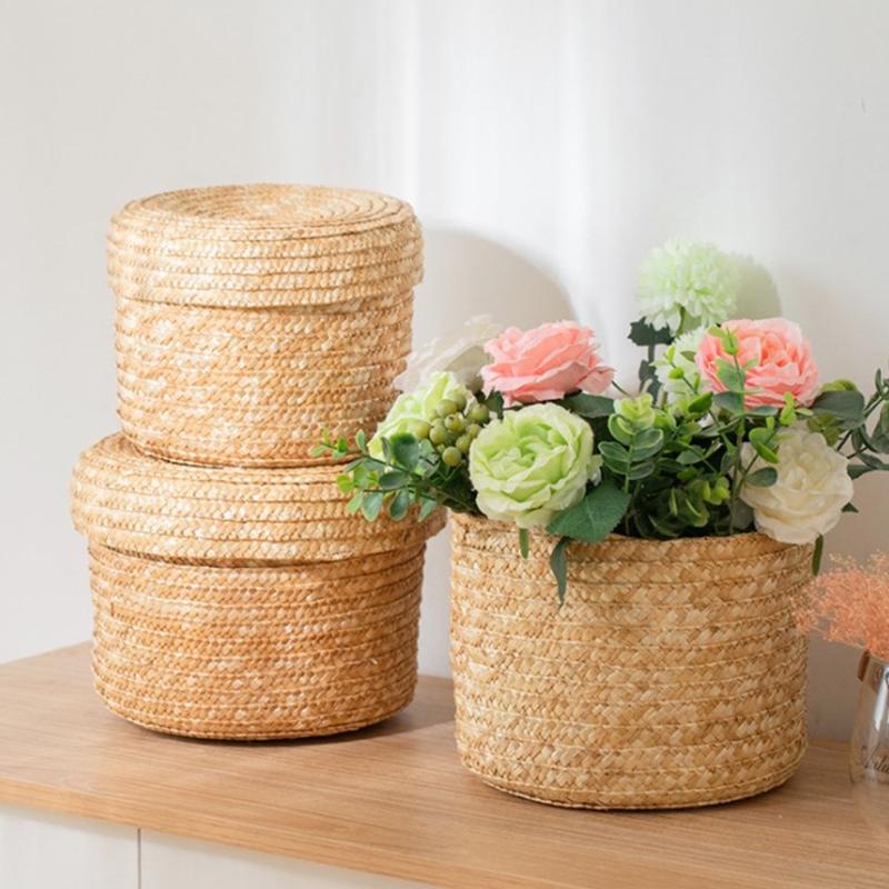 Buy 3Pcs Woven Straw Storage Baskets with Lid Rattan Round Bin Laundry