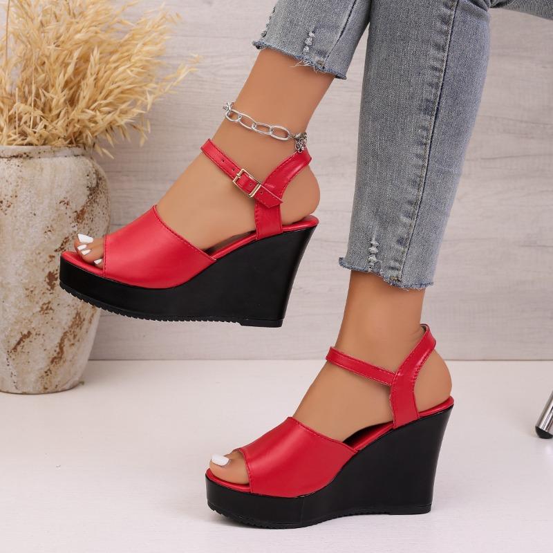 Women's Summer Wedge Thick-Soled Peep-Toe Roman Sandals With Ankle Strap, Fashionable Casual Footwear.