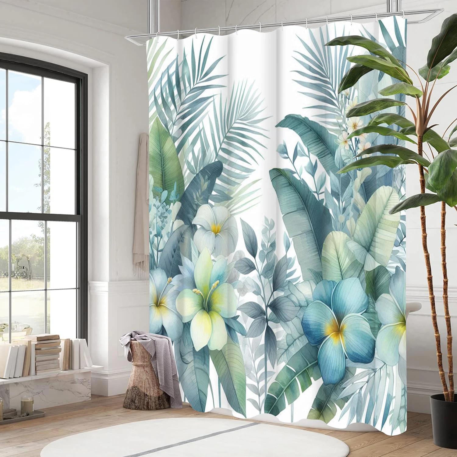 

Floral And Leaves Bathing Curtain Bathroom Letters Shower Curtain Waterproof With 12 Hooks Fishes Home Deco W60H190(CM)-1 Pcs