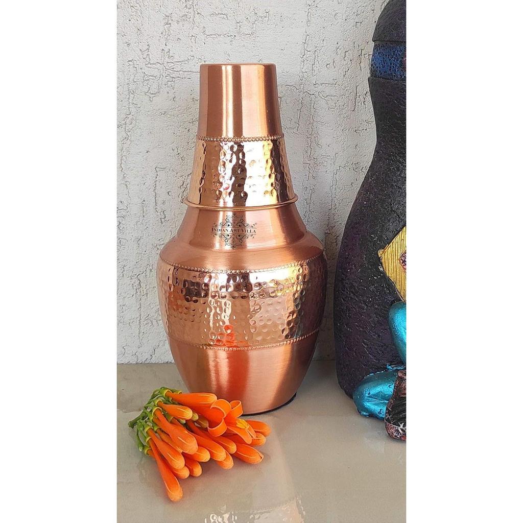 Pure Copper Printed with Health Benefits, Inbuilt Glass, Bedroom Water Bottle for Storage Purpose (Half Hammered Surahi Shape, 1300 ml) Set of 1