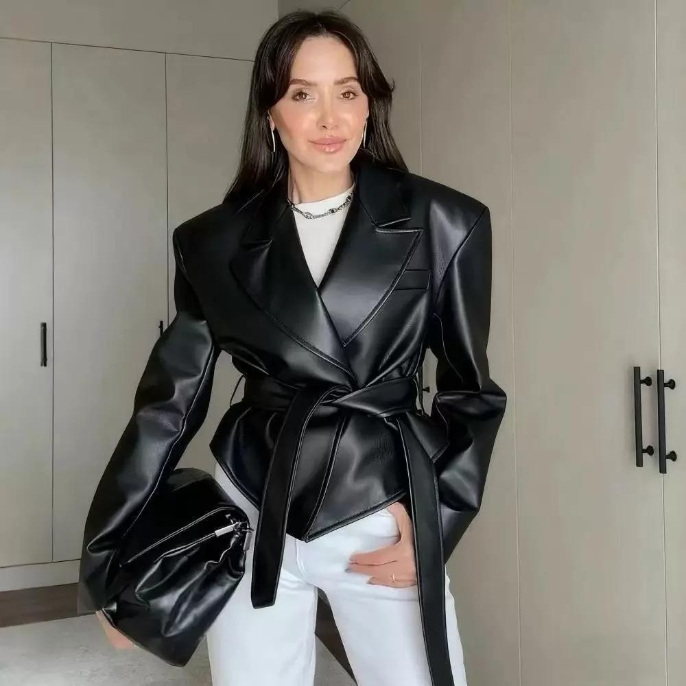 Women's Clothing Motorcycle Cool Strap Temperament Leather Jacket Women With Belt Biker Jacket Coat