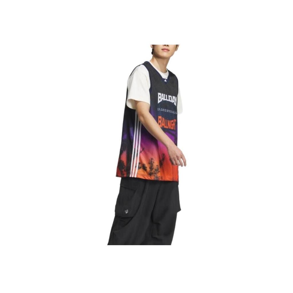 Adidas SS24 Scenic Pattern Printed Breathable Lightweight Loose V-Neck Sleeveless Basketball Jersey Men jersey Deep-Indigo JI9761