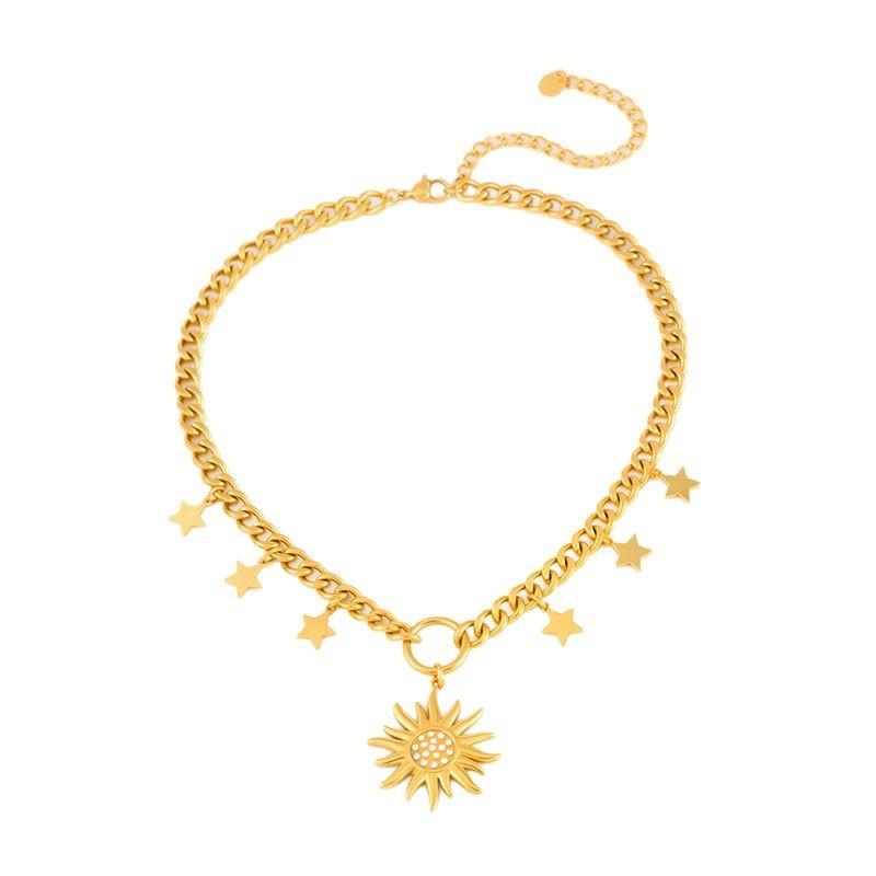 European and American diamond-encrusted gold sun series stainless steel necklace women's six-star thick chain mango star necklace