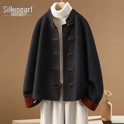 Sibaishe Women's New Chinese Style Merino Wool Color-Block Coat