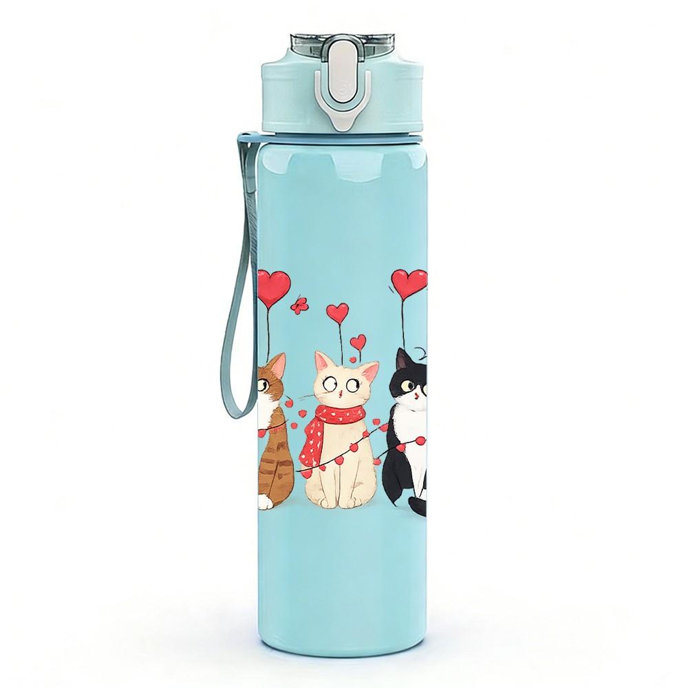 1PC Cat Family In Winter Clothes Cartoon Print 750ml Color Plastic Sports Water Bottle Leakproof Flip Straw Lid Suitable for Sports Office Home Use