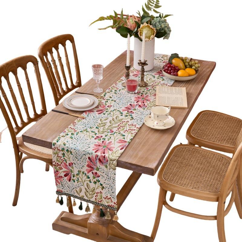 Colorful Flower Jacquard Table Runner with Tassel Kitchen Dining Table Decoration Embroidered Table Runner for Home Party Decor