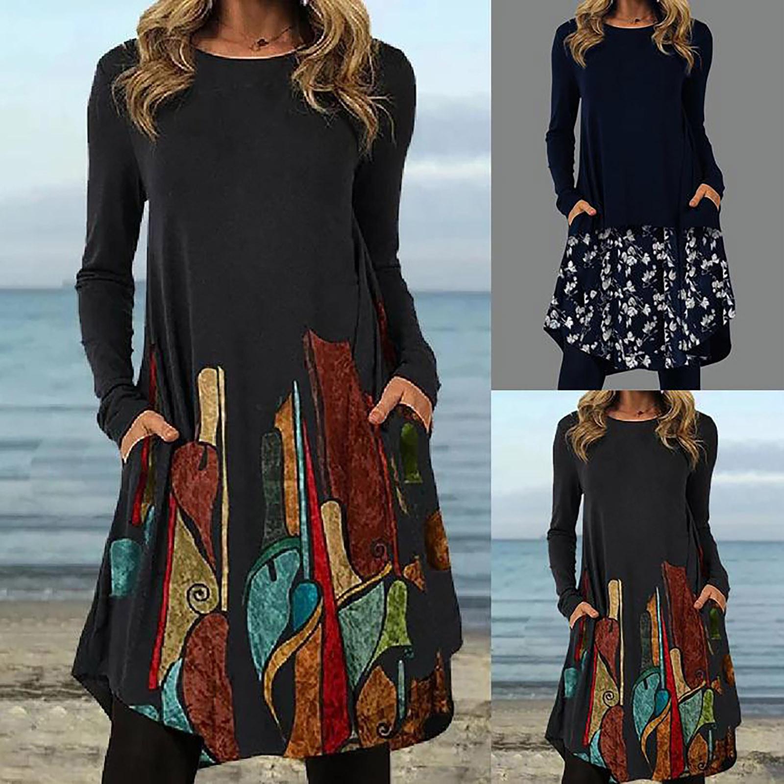 

Женское повседневное модное платье с круглым вырезом и длинными рукавами с принтом