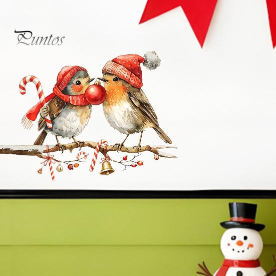 Winter Party Window Ornaments Christmas Birds On Tree Branch Wall Sticker, Cute Watercolor Bird Decal Scene Setting Decals with Ball, Candy Cane, Bell